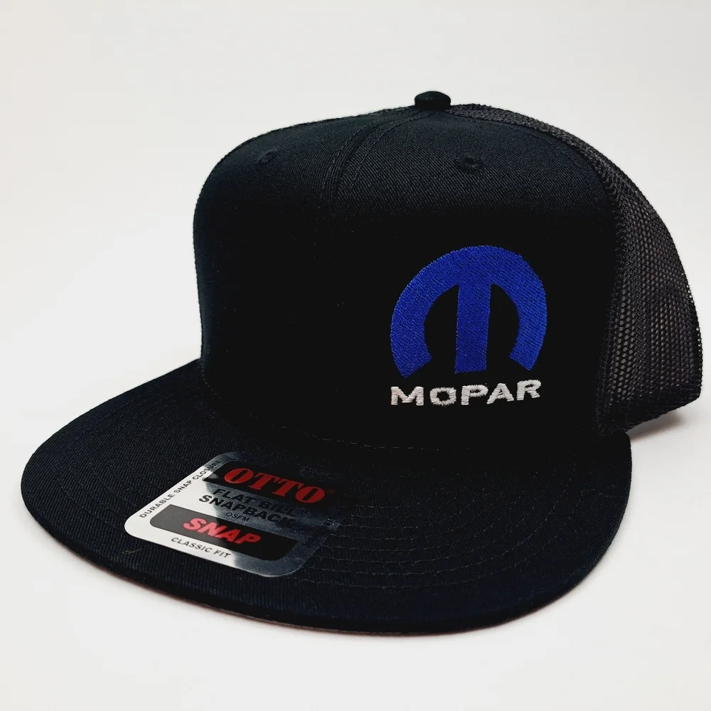 Mopar Offset Logo Flat Bill Mesh Snapback Hat Cap Black Embroidered